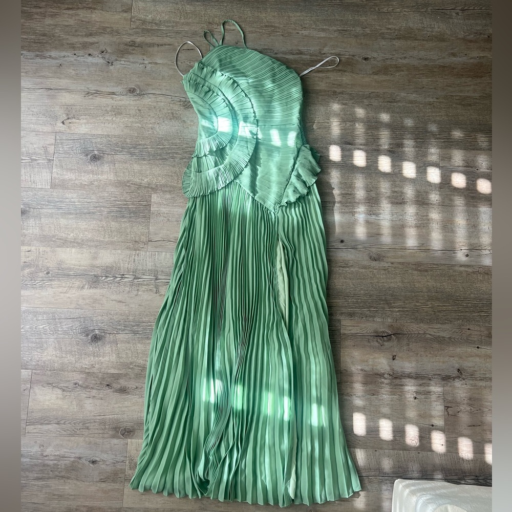 Lulu's Sage Green One-Shoulder Pleated Maxi Dress - Picture 2 of 4